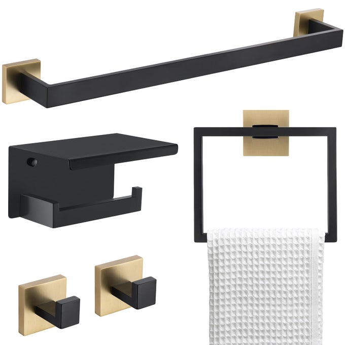 5 PIECES BATHROOM HARDWARE SET BLACK AND GOLD TOWEL BAR SET TOILET PAPER HOLDER WITH SHELF TOWEL HOLDER SET IN BATHROOM WALL MOUNTED STAINLESS STEEL 236 INCHES