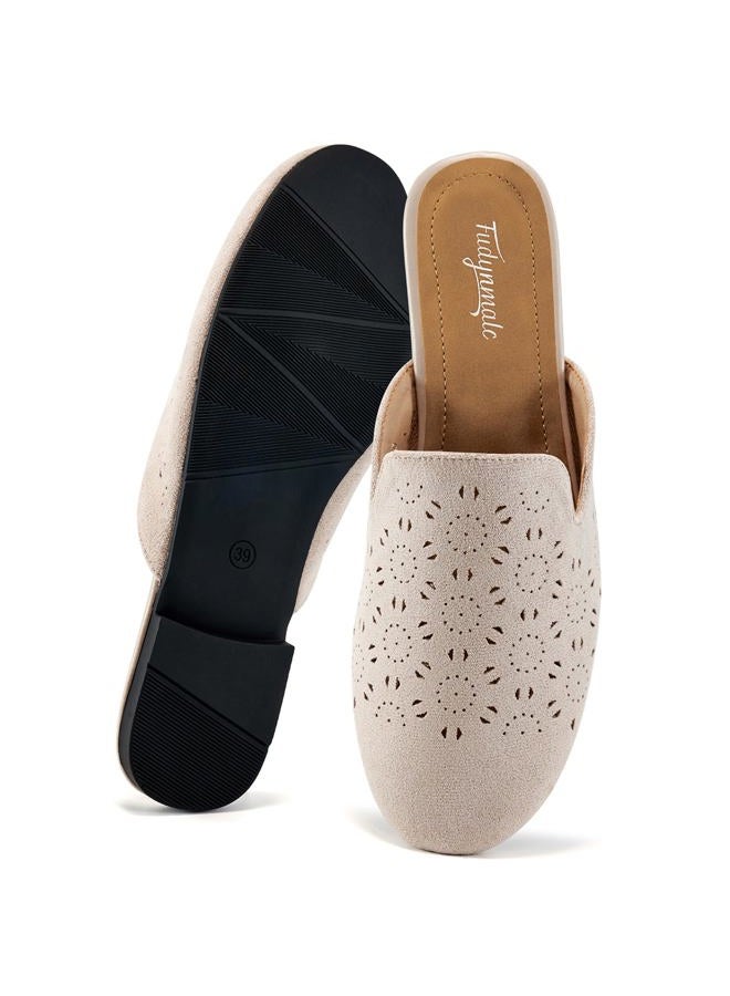FUDYNMALC Womens Mules Flats Shoes: Casual Closed Toe Suede Backless Loafers Comfortable Dressy Slip-on Slides Footwear, Beige, 9