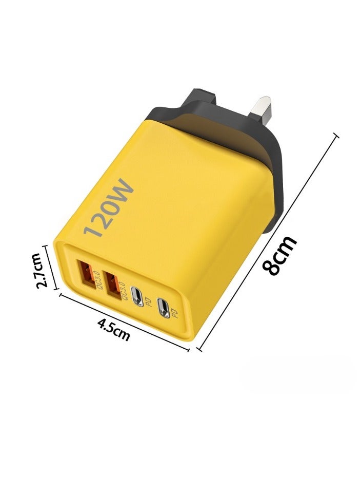 شاحن هاتف USB من النوع C، محول شحن سريع محمول، محول طاقة PD ثنائي المنفذ UDB C، شاحن قوي ومتين للهاتف المحمول، (قطعة واحدة، أصفر، 120 واط) - Image 2