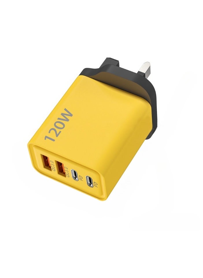 شاحن هاتف USB من النوع C، محول شحن سريع محمول، محول طاقة PD ثنائي المنفذ UDB C، شاحن قوي ومتين للهاتف المحمول، (قطعة واحدة، أصفر، 120 واط) - Image 1