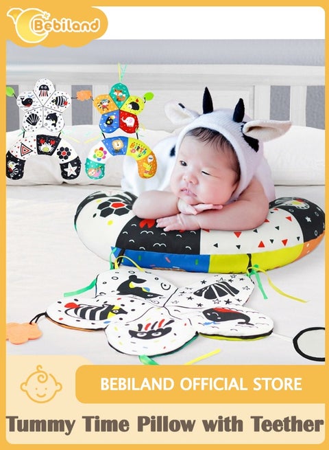Tummy Time Pillow Toys, Black and White High Contrast Baby Toys, 2-Sided Montessori Sensory Toys with Crinkle Paper & Teethers, Newborn Toddler Crawling Toy Soft Infant Toy 0-12 Months