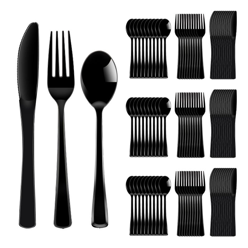 ALEXPRE 300 Pack Black Disposable Plastic Silverware Heavy DutyBlack Cutlery Set Plastic Forks and Spoons Knives Utensils Set for Birthday Party Prom NightWeddingsHalloween