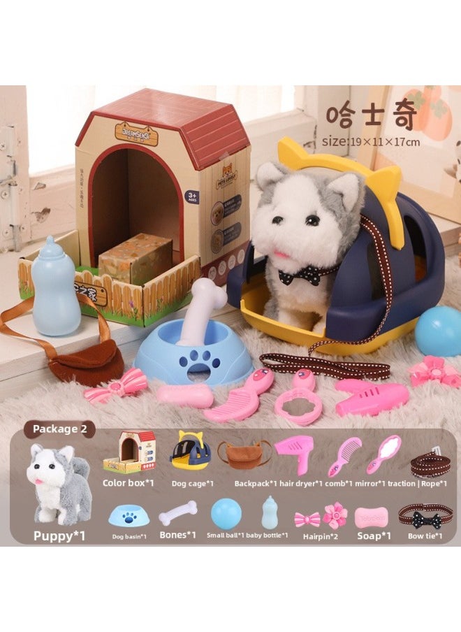 Children's Pet Dog Toy Walking Electric Simulation Plush Dog Will Call Boys And Girls Baby Cute Pet Dog Electronic Dog-Color:Husky Package 2: Standard Dog Cage Bow Tie 4-Piece Dressing 6-Piece Set-Specifications:[version] Charging Charging Set Screwdriver  - Image 1