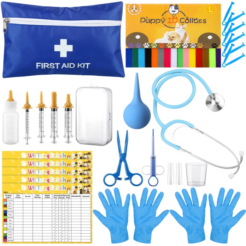LEIFIDE 48 Pcs Puppy Kitten Whelping Kit Include 4 Puppy Feeding Tube, 6 Record Keeping Charts, 15 Whelping Collars, 15 Cord Clamps, 2 Gloves, Bulb Aspirator, Syringe, Bottle, Scissors, Stethoscope, Bag - Image 1