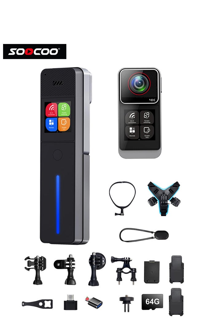 SOOCOO 4K HD Pocket Camera, 3800mAh Battery, 6-Axis Gyro Anti-shake Action Camera, Free 64GB Memory Card, Dual Touch Screen Body Camera, 30m Waterproof, F1.8 Large Aperture, Suitable For Video Blogging And Live Streaming, With Helmet Mounting Kit And Long-Lasting Charging Case  - Image 1