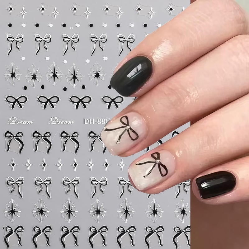 GJJBQTT Bow Nail Art Stickers Valentines Nail Decals 3D Self Adhesive Black Blue Pink Bow Starlight Nail Stickers Cute Bows Nails Sticker Decals for Women Holiday Valentines DIY Manicure Decoration 6 Sheets - Image 3