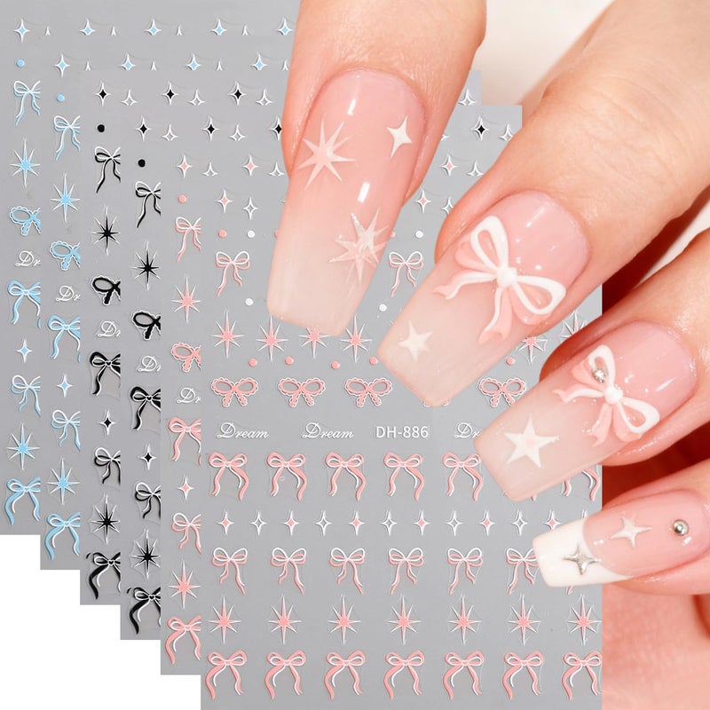 GJJBQTT Bow Nail Art Stickers Valentines Nail Decals 3D Self Adhesive Black Blue Pink Bow Starlight Nail Stickers Cute Bows Nails Sticker Decals for Women Holiday Valentines DIY Manicure Decoration 6 Sheets - Image 1