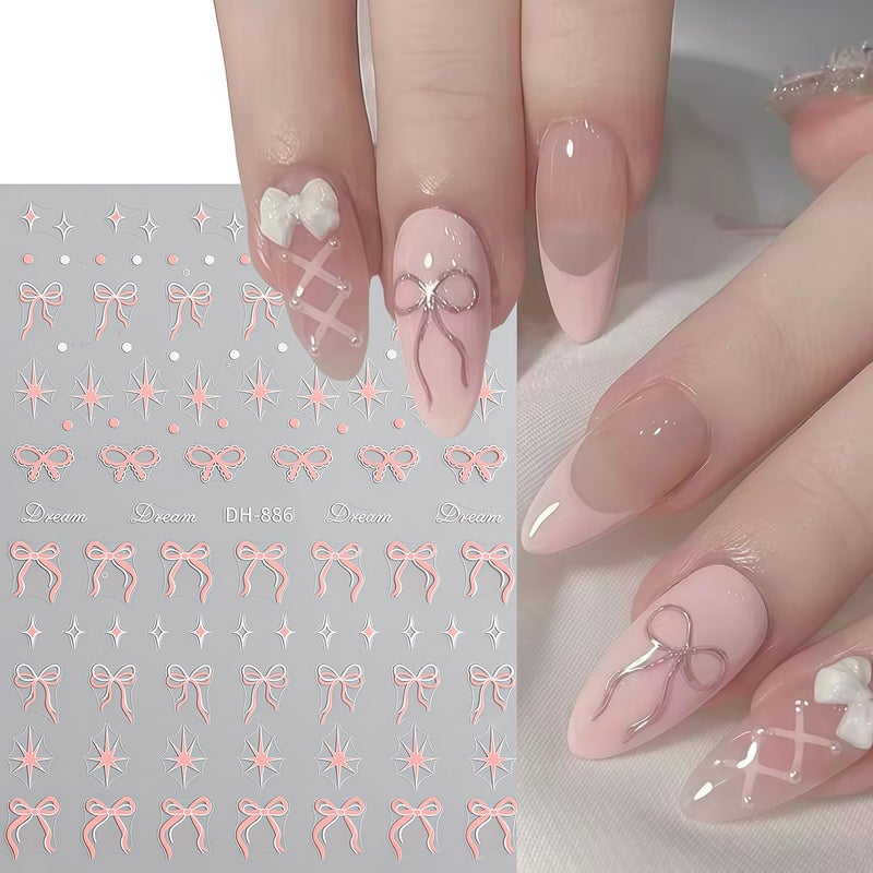 GJJBQTT Bow Nail Art Stickers Valentines Nail Decals 3D Self Adhesive Black Blue Pink Bow Starlight Nail Stickers Cute Bows Nails Sticker Decals for Women Holiday Valentines DIY Manicure Decoration 6 Sheets - Image 2