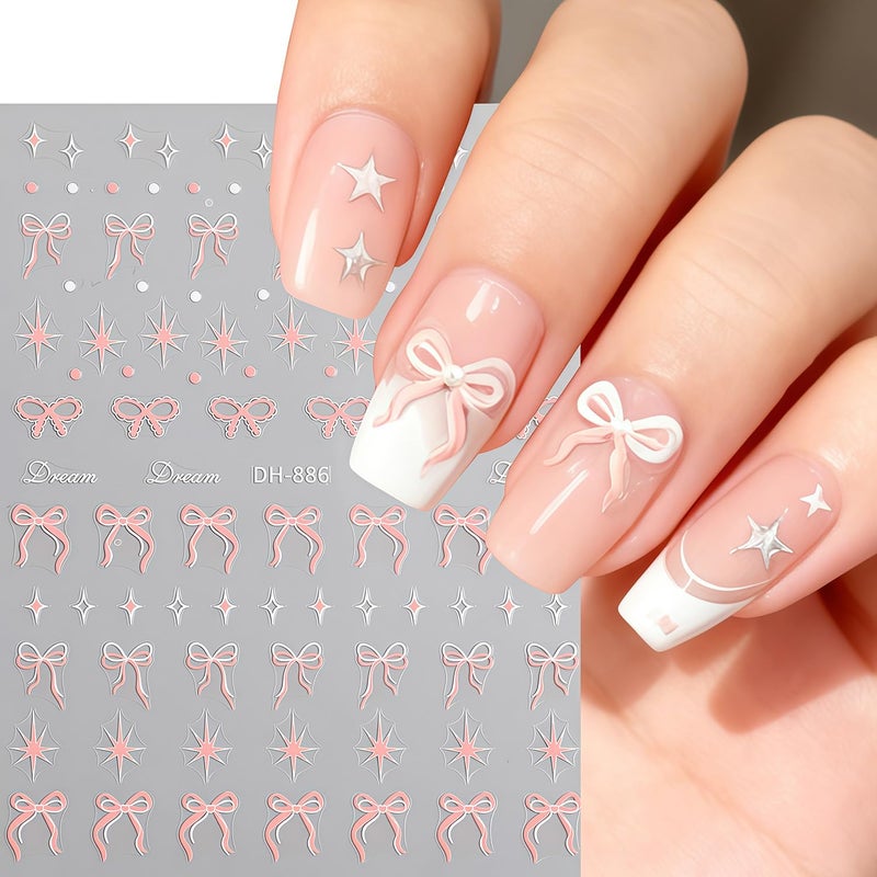 GJJBQTT Bow Nail Art Stickers Valentines Nail Decals 3D Self Adhesive Black Blue Pink Bow Starlight Nail Stickers Cute Bows Nails Sticker Decals for Women Holiday Valentines DIY Manicure Decoration 6 Sheets - Image 5