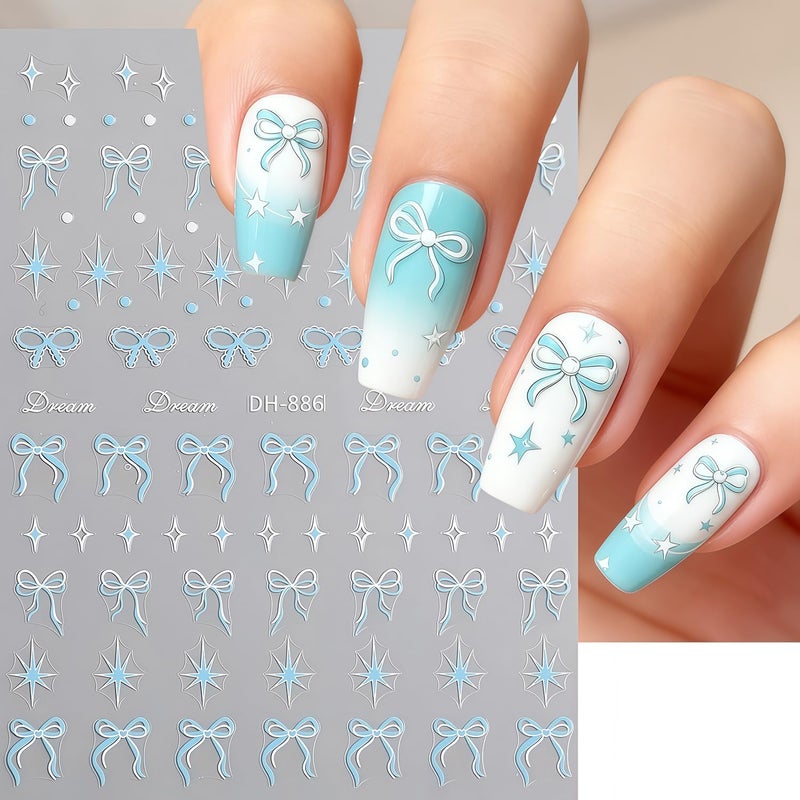 GJJBQTT Bow Nail Art Stickers Valentines Nail Decals 3D Self Adhesive Black Blue Pink Bow Starlight Nail Stickers Cute Bows Nails Sticker Decals for Women Holiday Valentines DIY Manicure Decoration 6 Sheets - Image 4