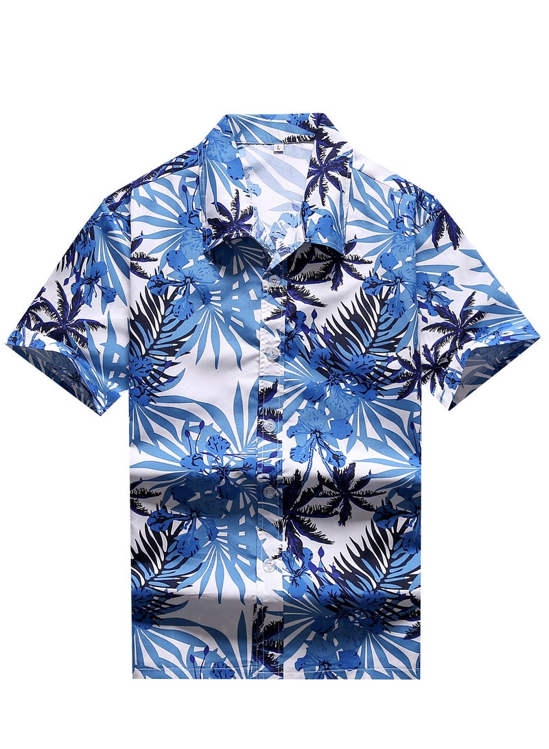Loquat Leaves Printed Short Sleeves Shirt Blue 