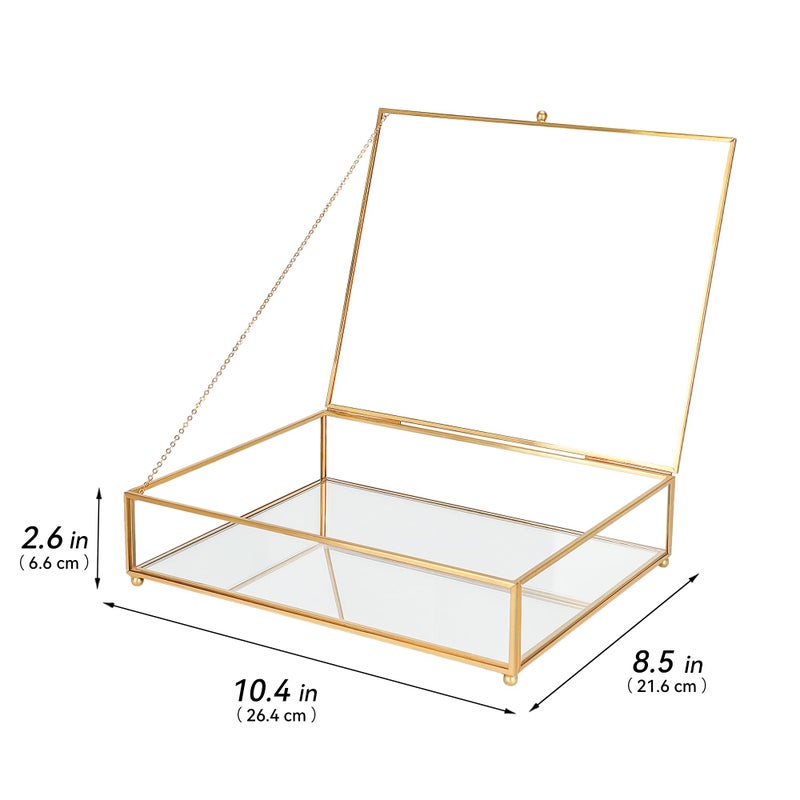 REDHUGO Large Glass Boxes for Display Handmade, Mirrored Bottom, Glass Jewelry Trinket Box with Lid, for Book, Photo, Keepsake Organizer, Display Case for Vanity Decor Home Dresser, Gold - Image 2