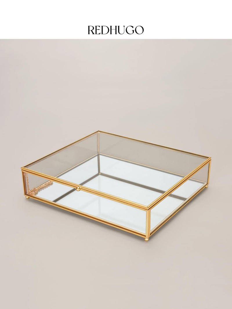 REDHUGO Large Glass Boxes for Display Handmade, Mirrored Bottom, Glass Jewelry Trinket Box with Lid, for Book, Photo, Keepsake Organizer, Display Case for Vanity Decor Home Dresser, Gold - Image 4