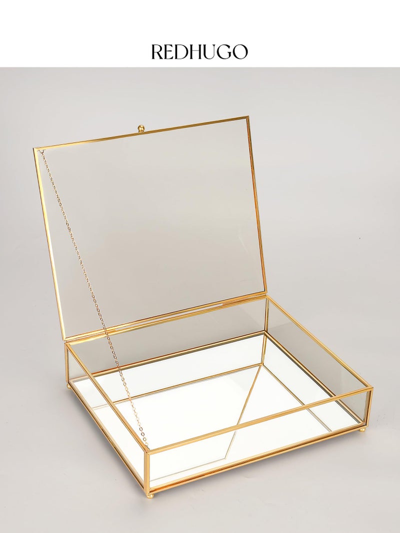 REDHUGO Large Glass Boxes for Display Handmade, Mirrored Bottom, Glass Jewelry Trinket Box with Lid, for Book, Photo, Keepsake Organizer, Display Case for Vanity Decor Home Dresser, Gold - Image 3