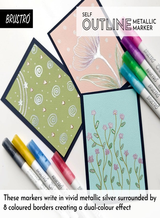 BRUSTRO Self Outline Metallic Marker | Set of 8 | Ideal for Cursive Writing, Scrapbooking, Hand Lettering, Doodling, Graffiti, Journaling, Colouring on Paper, Plastic, Metal, Ceramic, Wood and Glass - Image 5