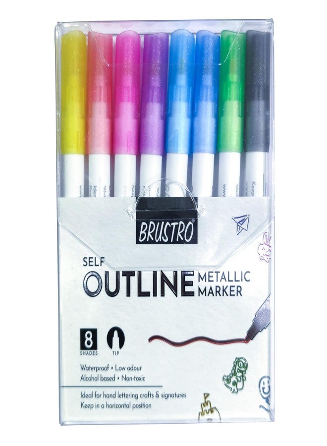 BRUSTRO Self Outline Metallic Marker | Set of 8 | Ideal for Cursive Writing, Scrapbooking, Hand Lettering, Doodling, Graffiti, Journaling, Colouring on Paper, Plastic, Metal, Ceramic, Wood and Glass - Image 1