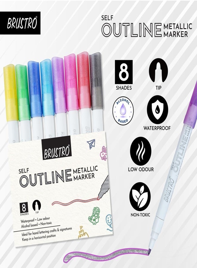 BRUSTRO Self Outline Metallic Marker | Set of 8 | Ideal for Cursive Writing, Scrapbooking, Hand Lettering, Doodling, Graffiti, Journaling, Colouring on Paper, Plastic, Metal, Ceramic, Wood and Glass - Image 2