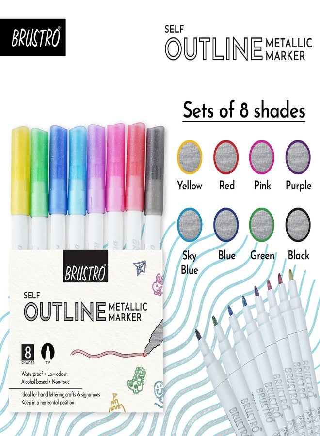 BRUSTRO Self Outline Metallic Marker | Set of 8 | Ideal for Cursive Writing, Scrapbooking, Hand Lettering, Doodling, Graffiti, Journaling, Colouring on Paper, Plastic, Metal, Ceramic, Wood and Glass - Image 3