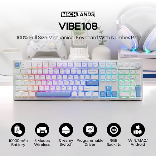 MechLands Vibe108 Full Size Mechanical Keyboard with Knob Multimedia Buttons Wireless Gaming Keyboard with 10000mAh Battery RGB Backlits 104 Keys Hot Swappable Custom Driver Cream Mint Switch - Image 3