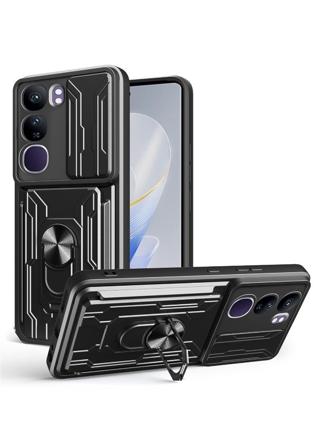 SanHu for vivo Y19s 4G / Y19s Pro 4G Case, Card Holder & Slide Camera Lens Cover, Magnetic Ring Holder Kickstand Protective Phone Case for vivo Y19s 4G / Y19s Pro 4G, Black - Image 1