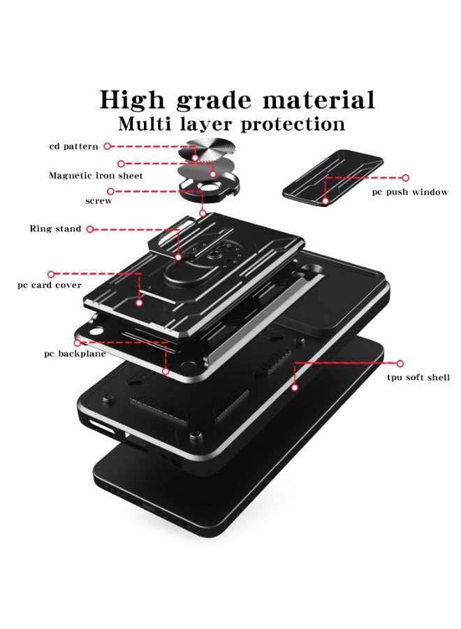 SanHu for vivo Y19s 4G / Y19s Pro 4G Case, Card Holder & Slide Camera Lens Cover, Magnetic Ring Holder Kickstand Protective Phone Case for vivo Y19s 4G / Y19s Pro 4G, Black - Image 2