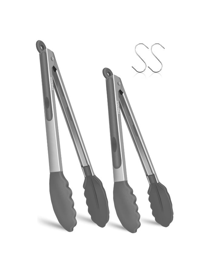 Stainless Steel & Silicone Food Tongs Set of 2 (9+12 Inch)-BPA-Free & Non-Toxic Heat Resistant Non-Scratch BBQ & Cooking Tools, Strong Grip Locking for Grilling, Air Fryer, Salad, Dishwasher Safe - Image 1
