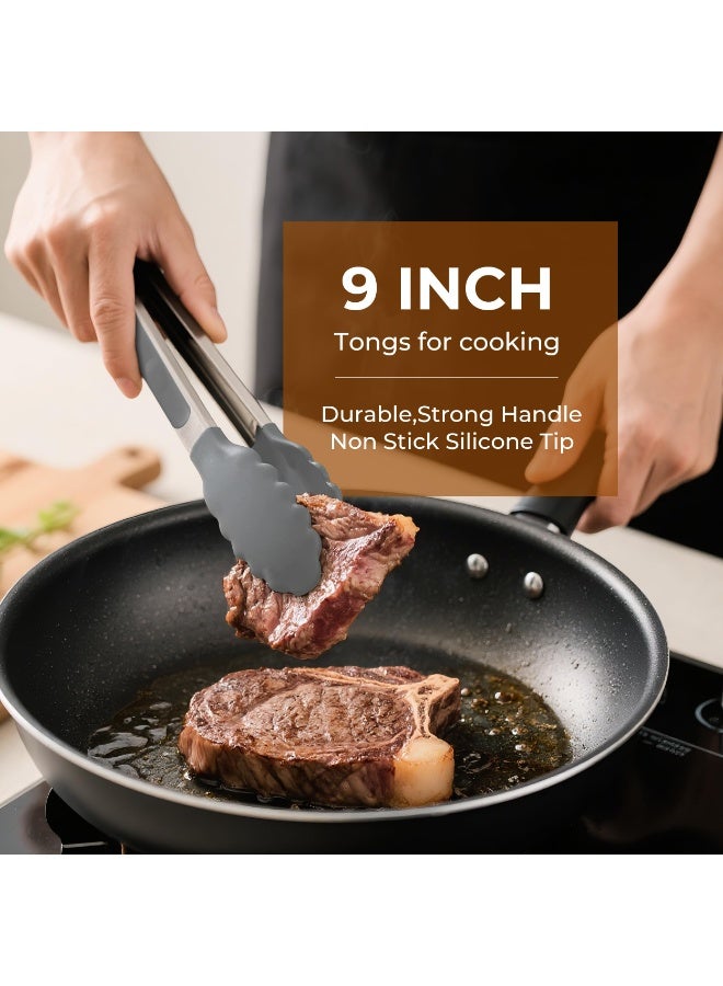 Stainless Steel & Silicone Food Tongs Set of 2 (9+12 Inch)-BPA-Free & Non-Toxic Heat Resistant Non-Scratch BBQ & Cooking Tools, Strong Grip Locking for Grilling, Air Fryer, Salad, Dishwasher Safe - Image 2