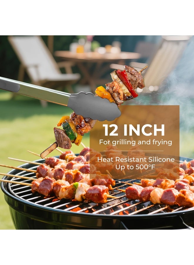 Stainless Steel & Silicone Food Tongs Set of 2 (9+12 Inch)-BPA-Free & Non-Toxic Heat Resistant Non-Scratch BBQ & Cooking Tools, Strong Grip Locking for Grilling, Air Fryer, Salad, Dishwasher Safe - Image 3