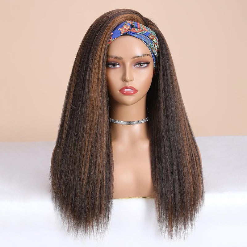 WIGNEE WIGNEE Brown Highlights Kinky Straight Headband Wig for Women 22 Inches Yaki Straight Wigs with Black Headband Kinky Straight Wigs for Black Women 2A30 Highlights 22 Inch
