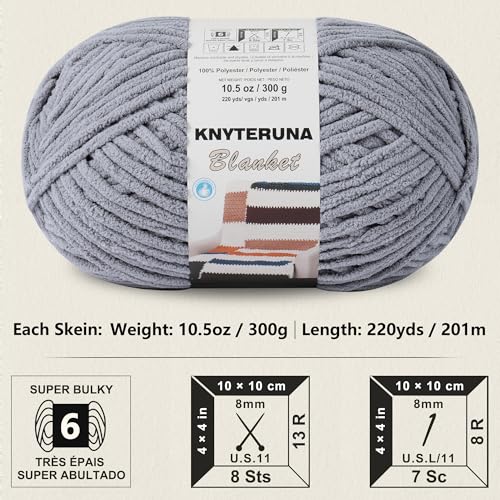 Knyteruna #6 Super Bulky Blanket Yarn for Crocheting - 4 Skeins(Each 10.5oz/300g, 220yds/201m), Chunky Chenille Thick Plush Big Soft Yarn for Crocheting Knitting Blankets, Light Grey - Image 2