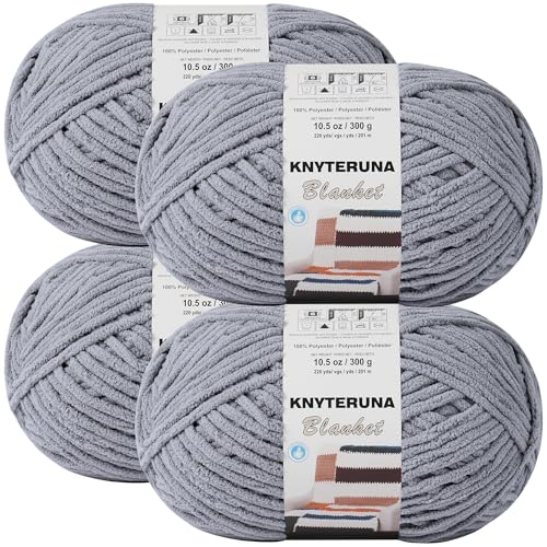 Knyteruna #6 Super Bulky Blanket Yarn for Crocheting - 4 Skeins(Each 10.5oz/300g, 220yds/201m), Chunky Chenille Thick Plush Big Soft Yarn for Crocheting Knitting Blankets, Light Grey - Image 1