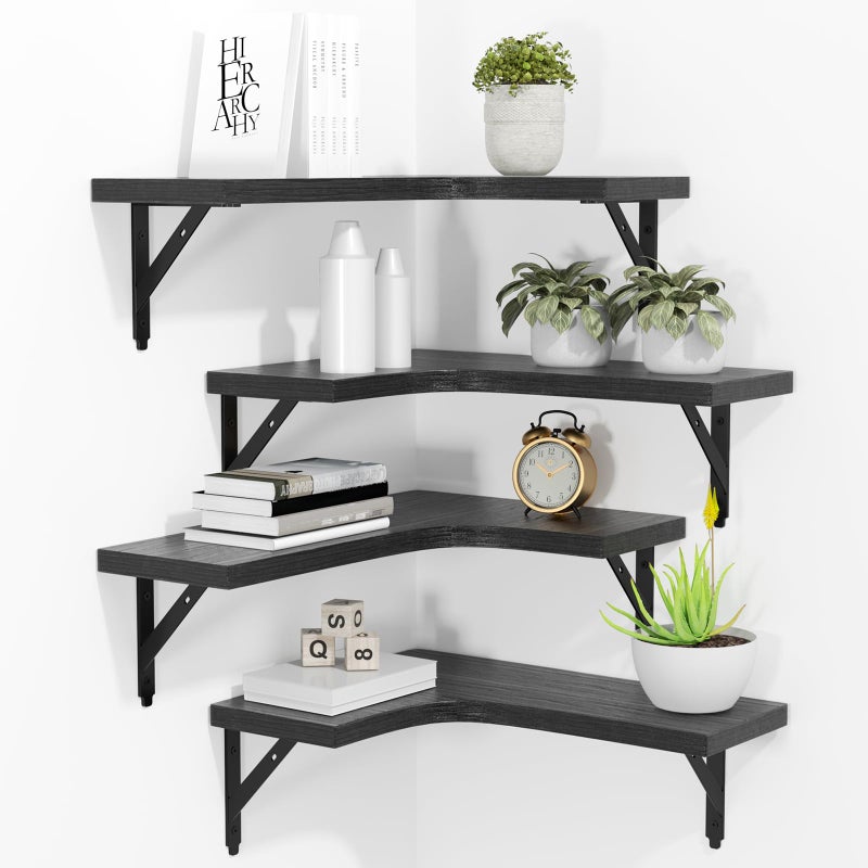 ROMGUAR CRAFT Corner Floating Shelves Wall Mounted Set of 4 Rustic Wood Storage Display Wall Shelves for Home Decor Bathroom Kitchen Bedroom Living Room Office Black