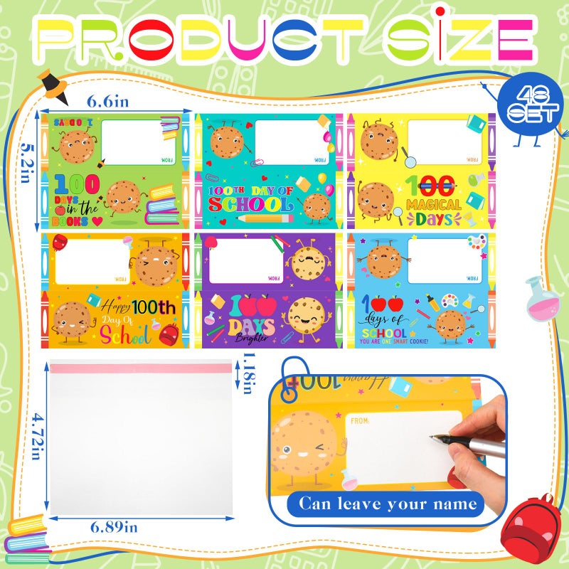 Tioncy 48 Set 100th Days of School Treat Bag Toppers and Cards Set Happy 100th Days School Self Adhesive Goodies Baking Wrapping Bags with Greeting Card for Kids Funny Project DIY Exchange Card Gifts - Image 3