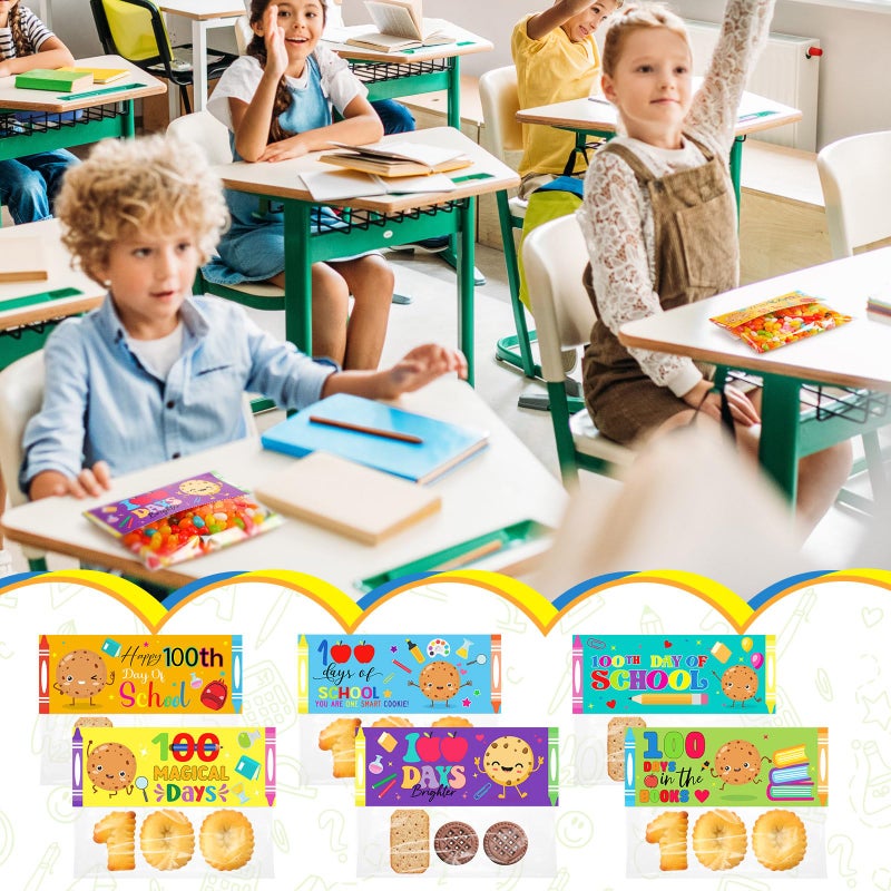 Tioncy 48 Set 100th Days of School Treat Bag Toppers and Cards Set Happy 100th Days School Self Adhesive Goodies Baking Wrapping Bags with Greeting Card for Kids Funny Project DIY Exchange Card Gifts - Image 2