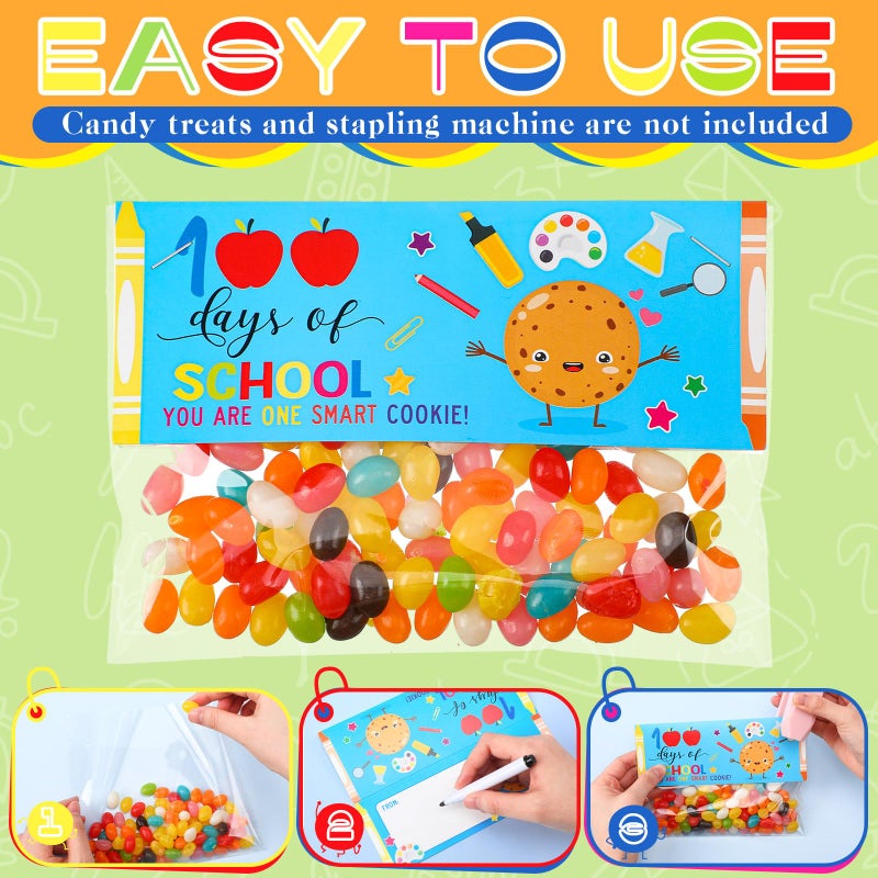 Tioncy 48 Set 100th Days of School Treat Bag Toppers and Cards Set Happy 100th Days School Self Adhesive Goodies Baking Wrapping Bags with Greeting Card for Kids Funny Project DIY Exchange Card Gifts - Image 4