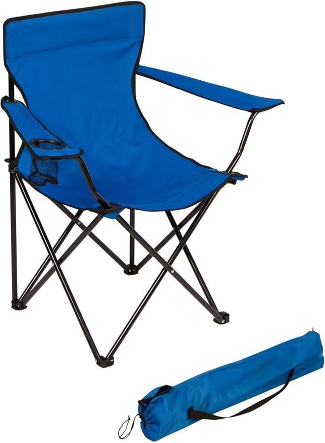 Portable folding camping chair for outdoor use with metal can holder and chair bag, blue - Image 1