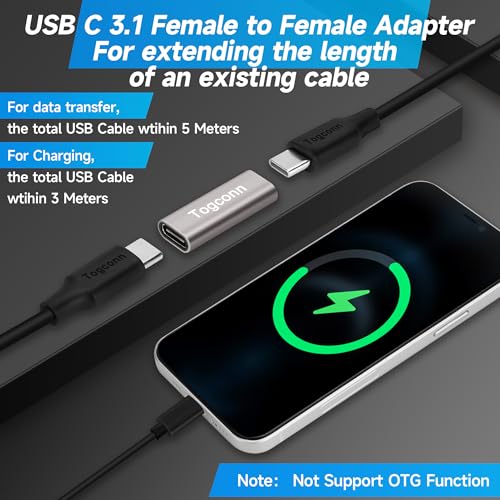 Togconn USB C 3.1 Coupler 2Pack, USB 3.1 Type-C Female to Female Extension Adapter Connector Supports 4K@60Hz Video, 10Gbps Data Transfer and Fast Charging Compatible with Thunderbolt 4/3, iPhone 15/16 Series - Image 4