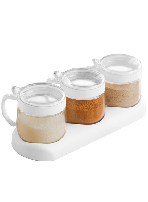 Glass Condiment Spice Jars12oz350 ml Condiment Jar Spice Container with Lids and Spoons and TrayClear Glass Condiment Canisters3Pack Seasoning Box Bowl Set for Sugar Pepperfor KitchenCounter