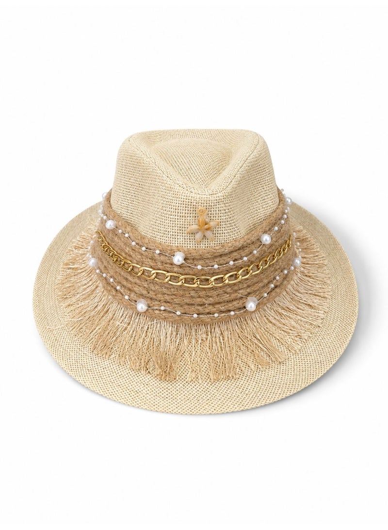 LIFESTYLISH Cowboy hat burlap Adorned with elegance accessories Q-3 - Beige - Image 2