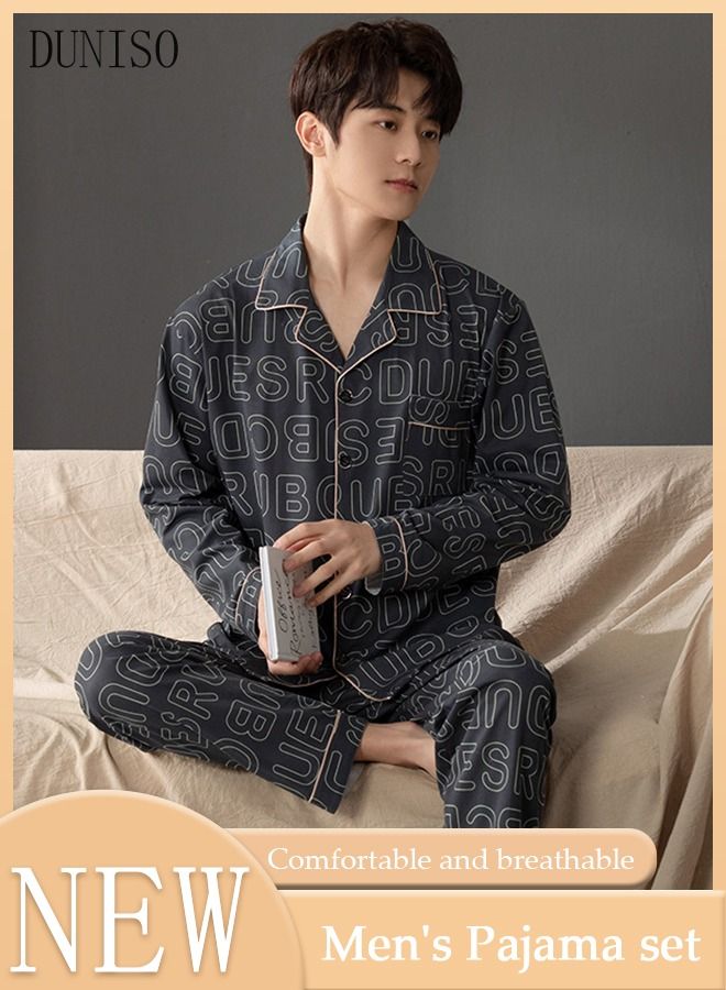 DUNISO 2-piece Men' s Pajama Set Cotton Long Sleeve Sleepwear with Button Classic Loungewear Nightwear Notch Neck Shirt and Waist Elastic Pants Pajama for Men Teenagers - Image 1