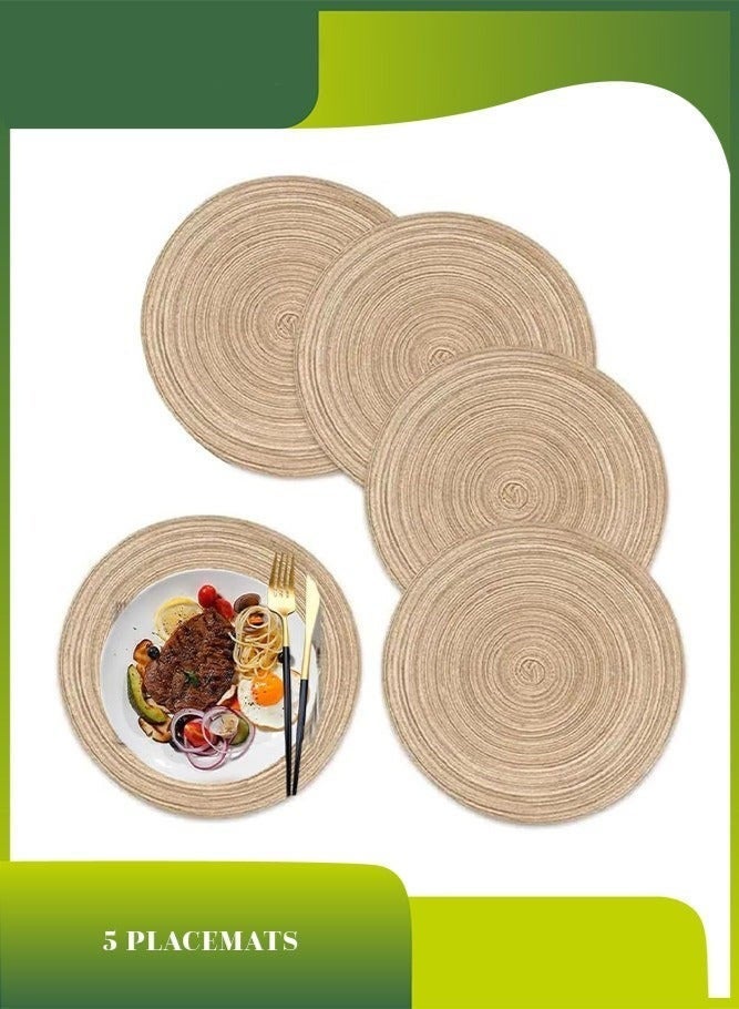 5 Pieces Round Braided Placemats, Round Table Mats, Woven Heat Resistant Table Mats for Dining Tables (Khaki) - Image 1