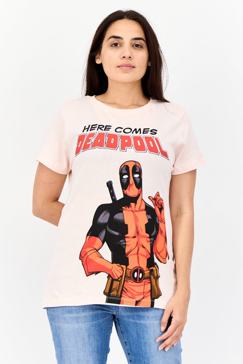 MARVEL Women Crew Neck Short Sleeves Deadpool Print T-Shirt, Light Pink - Image 1
