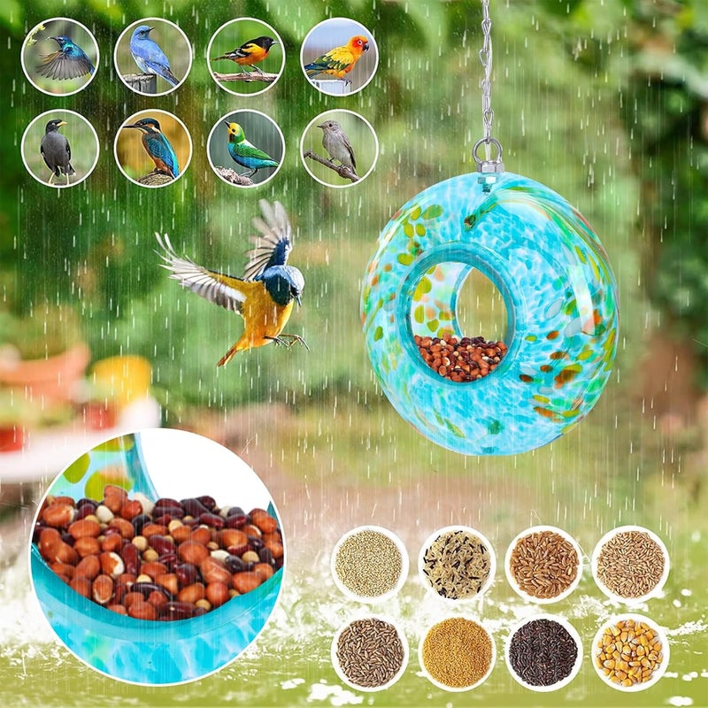 مغذي طيور يينز - مغذيات طيور طيران عبر معلقة للخارج مع حاوية زجاجية مستديرة الشكل، مغذي طيور بالطاقة الشمسية لتزيين حديقة الفناء، 8 بوصة - Image 4
