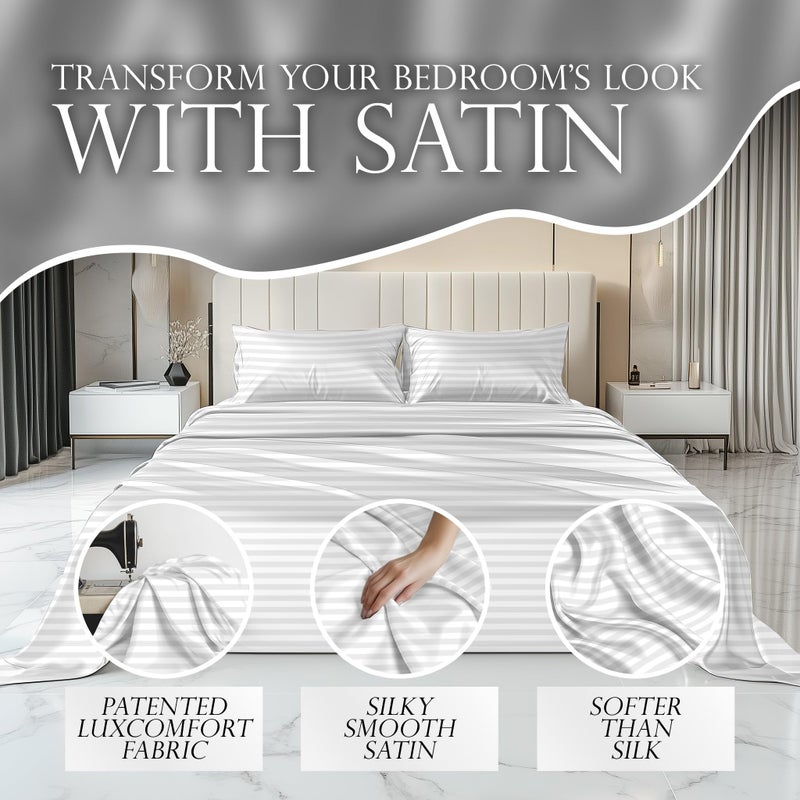 DECOLURE Striped Satin Sheets Twin Size Set 3 Pcs - Silky & Luxuriously Soft Satin Bed Sheets w/ 15 inch Deep Pocket - Double Stitching  Wrinkle Free (White) - Image 2
