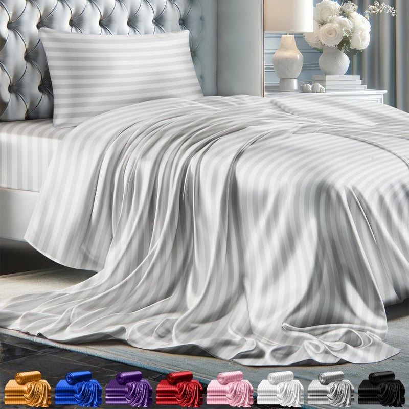 DECOLURE Striped Satin Sheets Twin Size Set 3 Pcs - Silky & Luxuriously Soft Satin Bed Sheets w/ 15 inch Deep Pocket - Double Stitching  Wrinkle Free (White) - Image 1