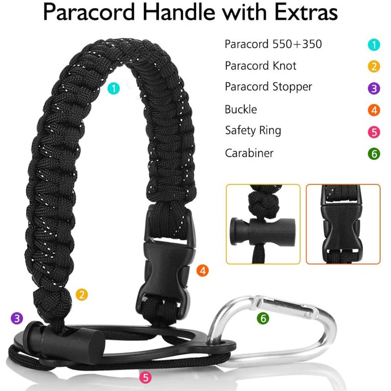 Water Bottle Handle for Hydro Flask and Other Wide Mouth Bottles, Paracord Strap Carrier for 12oz to 64oz Bottle, Bottle Accessories for Hiking - Assembled with Safety Ring and Carabiner - Image 5