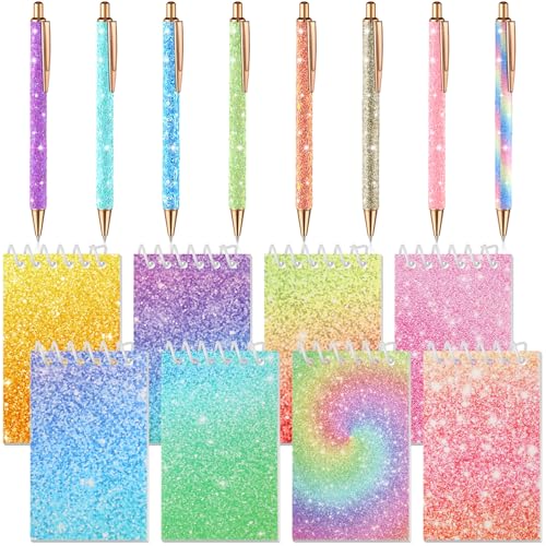 Sherr 16 Pcs Glitter Pens and Notebooks Set Mini Spiral Notepads Fancy Pens for Kids Girls Women Sparkly Sequins Journaling Ballpoint Christmas Birthday Gift Classroom RewardsMacaron Colors - Image 1