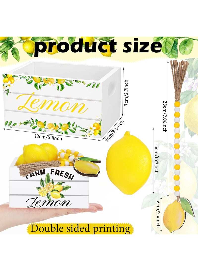 Qunclay Qunclay Lemon Mini Crate Summer Tiered Tray Decor with 8 Faux Lemons with Wood Bead Tassel Farmhouse Lemonade Kitchen Decorations Summertime Wood Crate for Party Decor  - Image 3