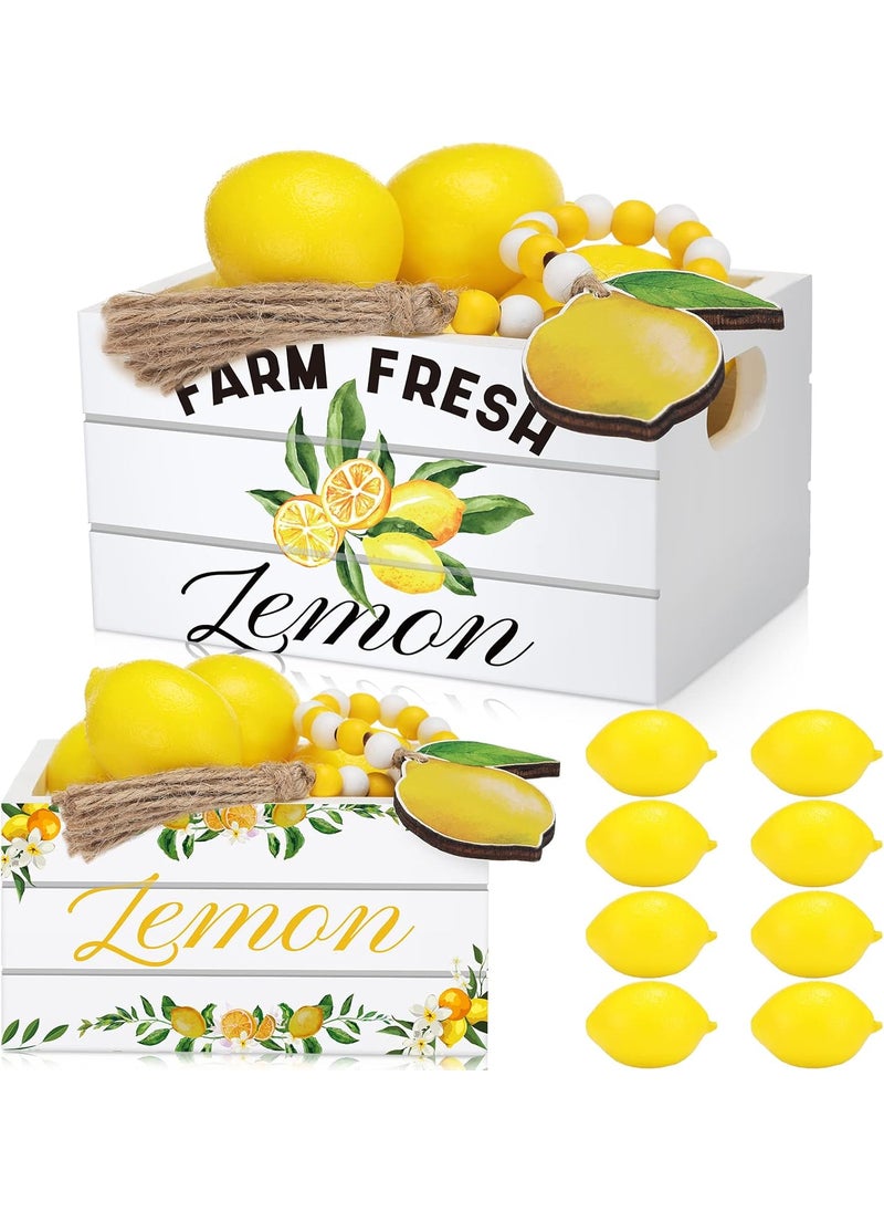 Qunclay Qunclay Lemon Mini Crate Summer Tiered Tray Decor with 8 Faux Lemons with Wood Bead Tassel Farmhouse Lemonade Kitchen Decorations Summertime Wood Crate for Party Decor  - Image 1