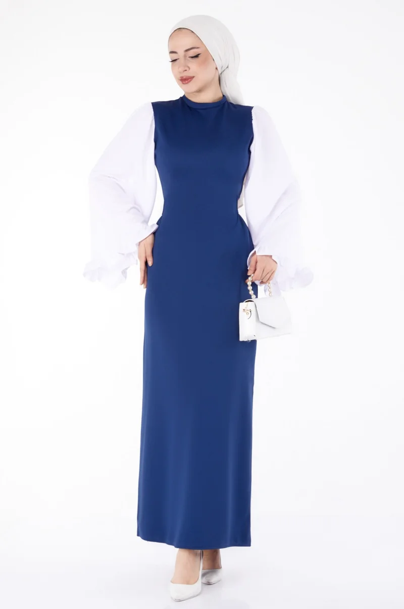 Tofisa Plain Judge Collar Women's Navy Blue Spanish Sleeve Detail Dress - 13195